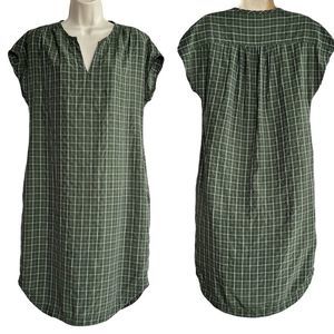 Bridge & Burn ~ Green Plaid Collarless Vneck Dress ~ side pockets ~ size Medium